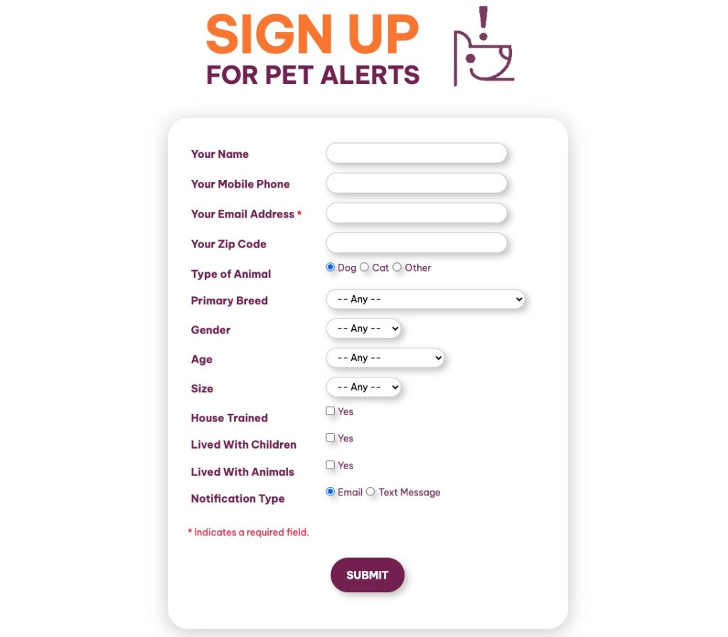 sign up for pet alerts form on kansas humane society website